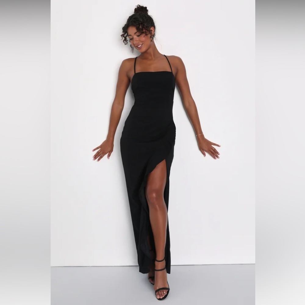 Lulu’s backless gorgeous elegance ruffle black maxi dress